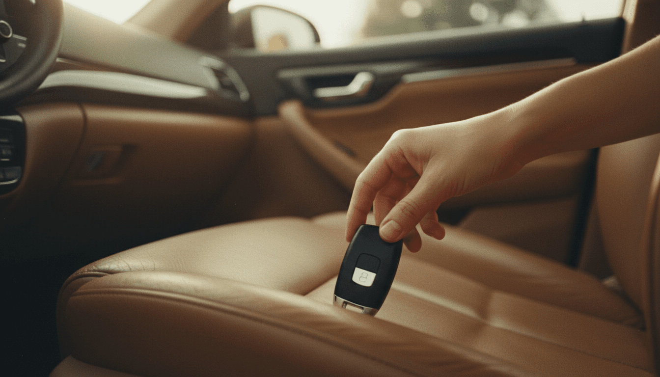 Hand placing a key fob on a leather car seat