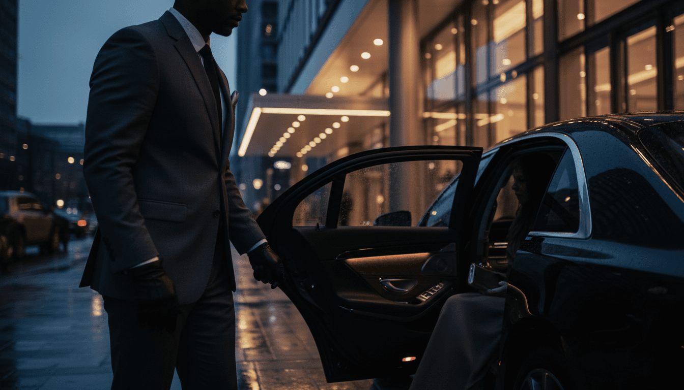 Chauffeur in a dark suit opening the door of a luxury sedan for a client