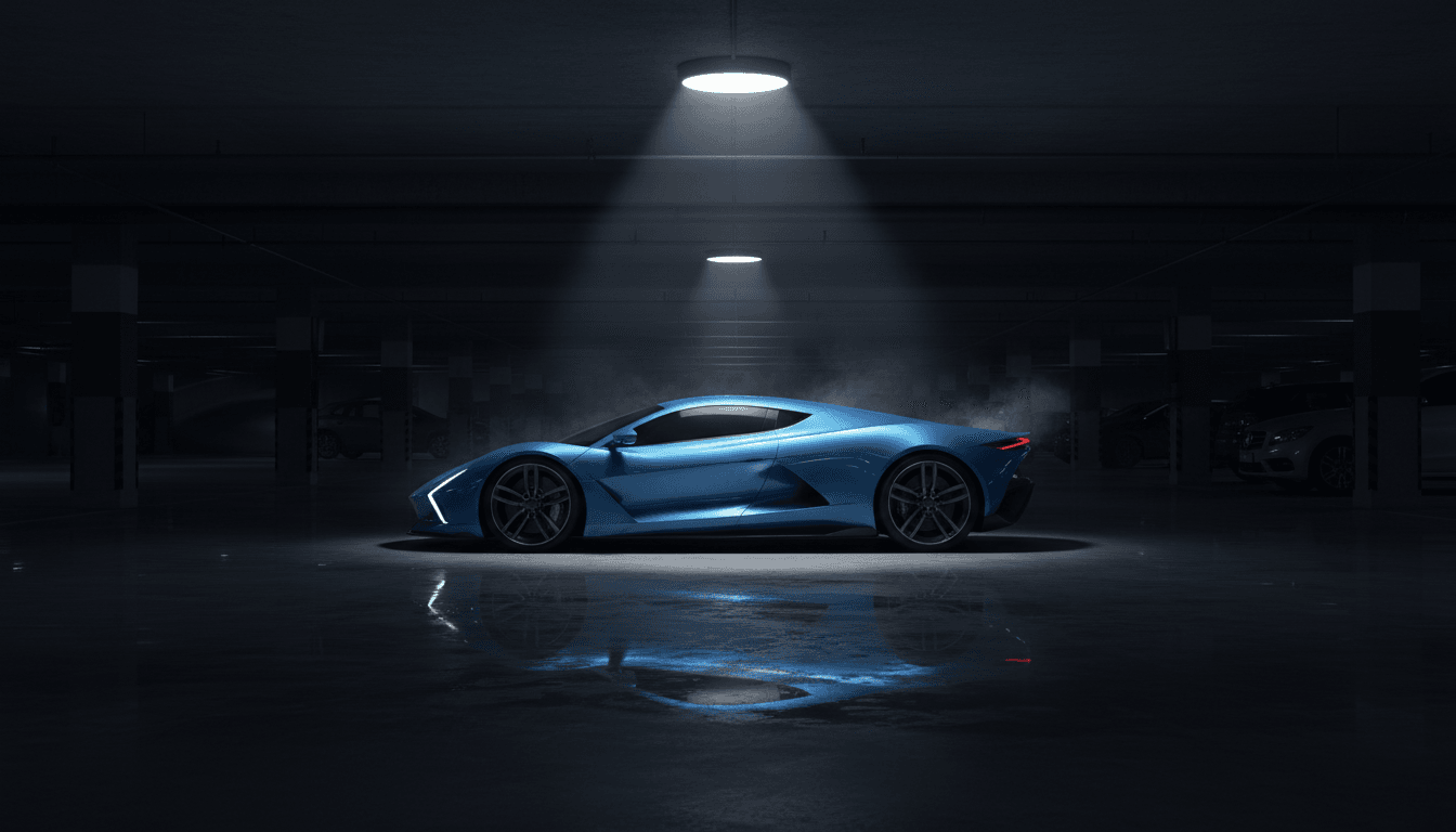 Exotic sports car in a dimly lit garage