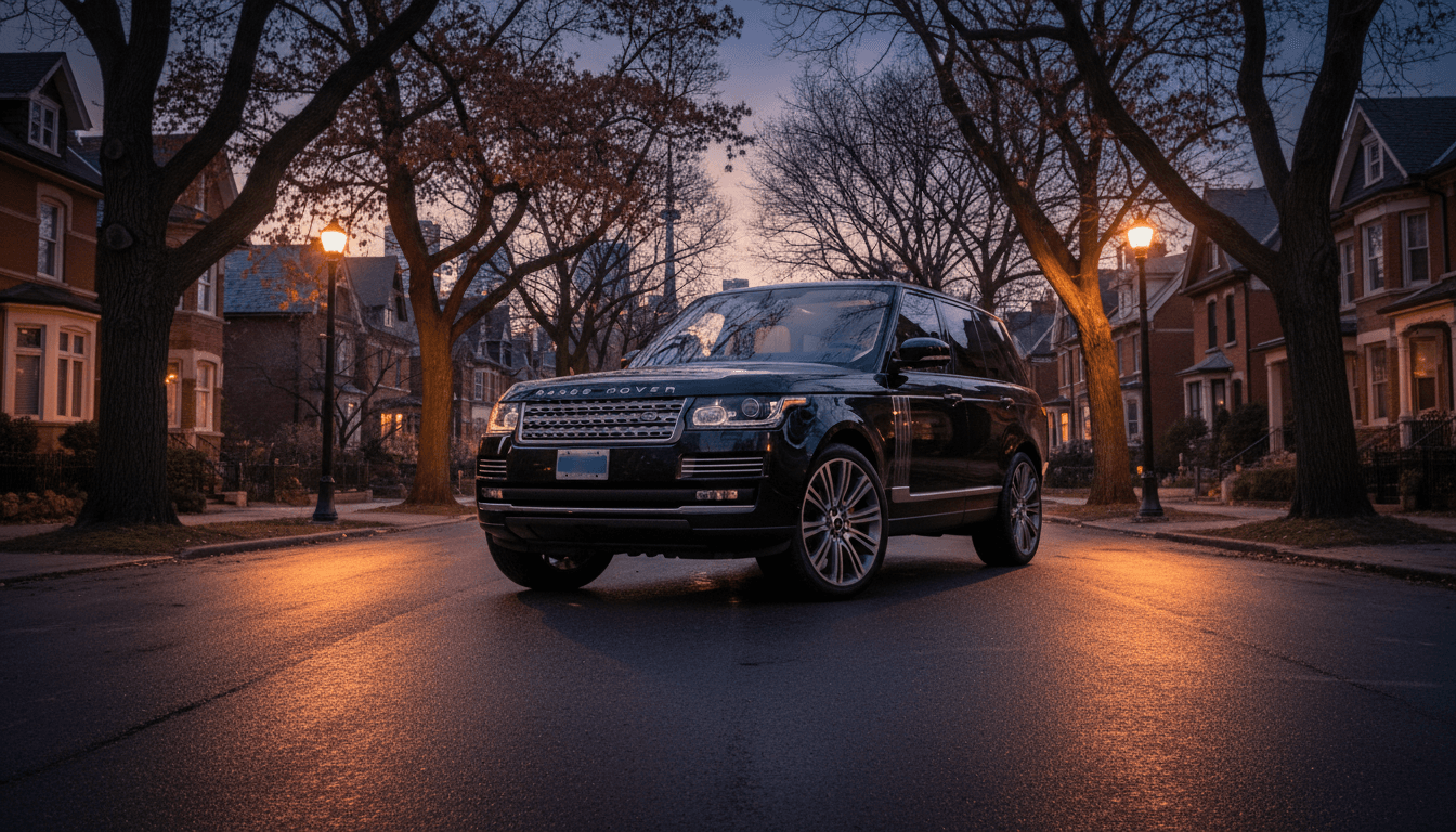 Luxury SUV on a tree-lined street at dusk