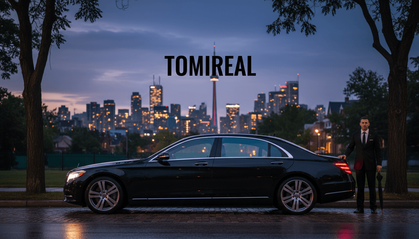 Chauffeur standing beside a luxury sedan on a Toronto street at dusk