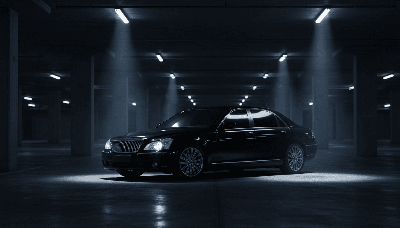 Black executive luxury sedan in a dim underground parking garage