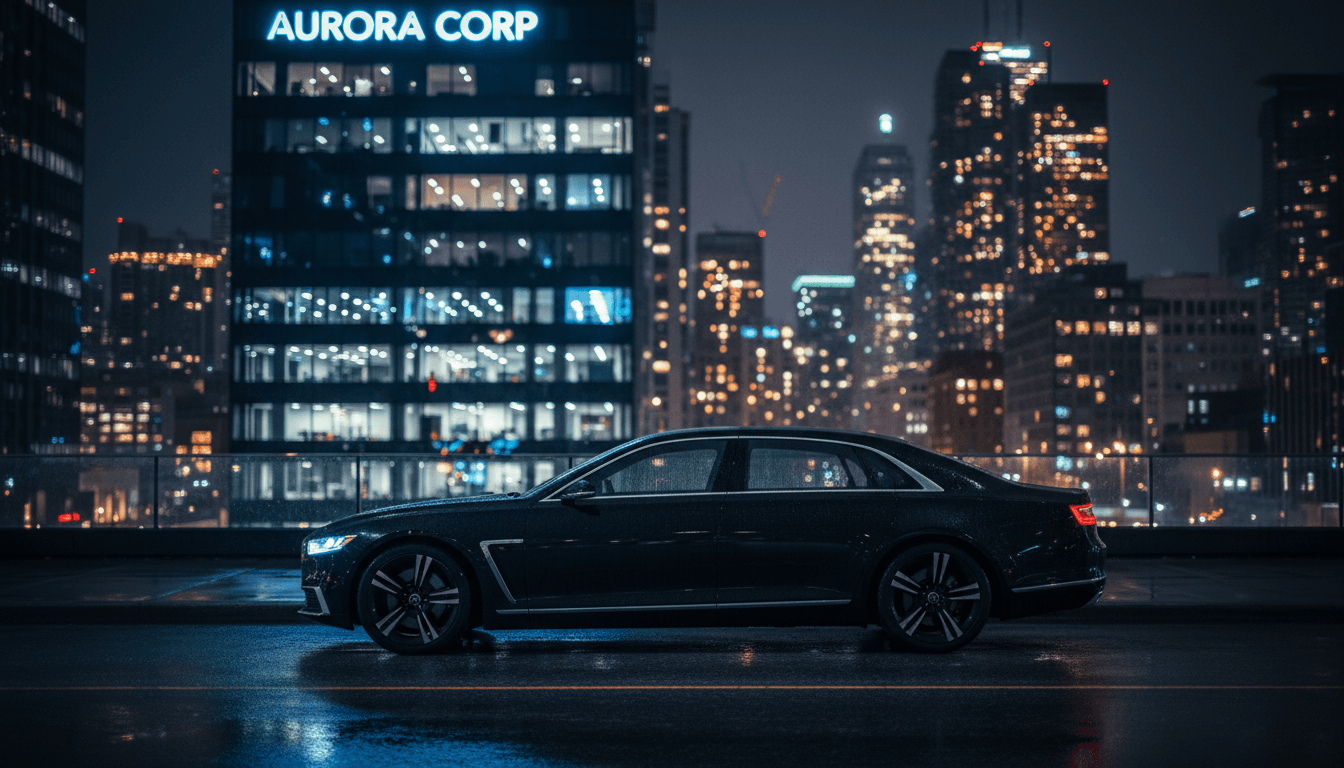 Black executive sedan parked outside a modern office building