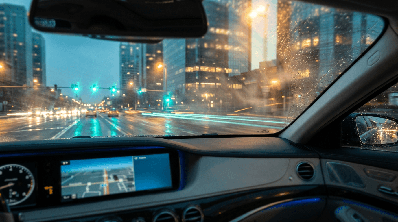 S-Class sedan on a Toronto street at dusk