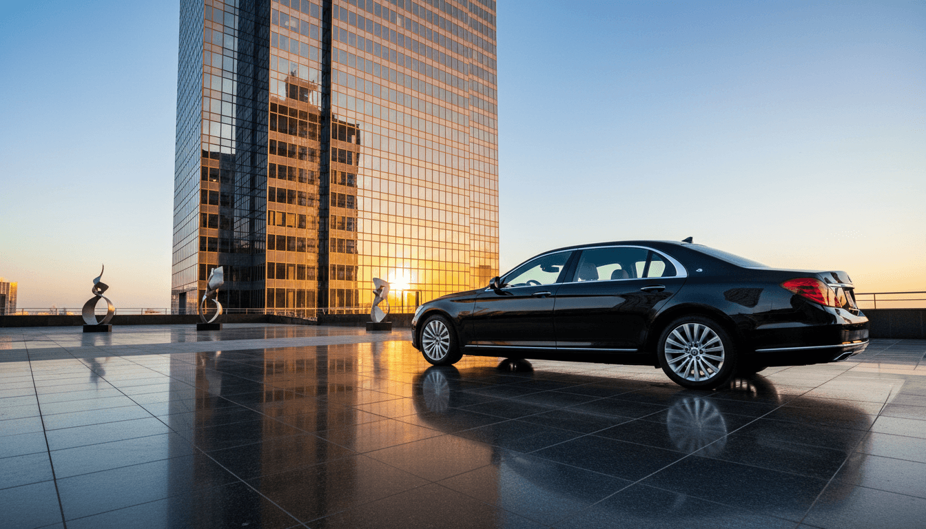 Black luxury sedan parked in front of a modern glass office tower in downtown Toronto at dusk