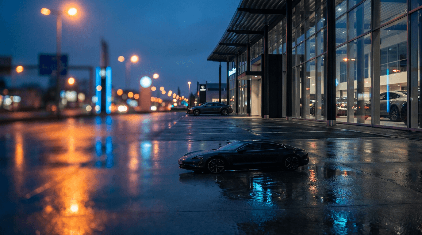Black luxury sedan parked on a quiet Toronto street at dusk