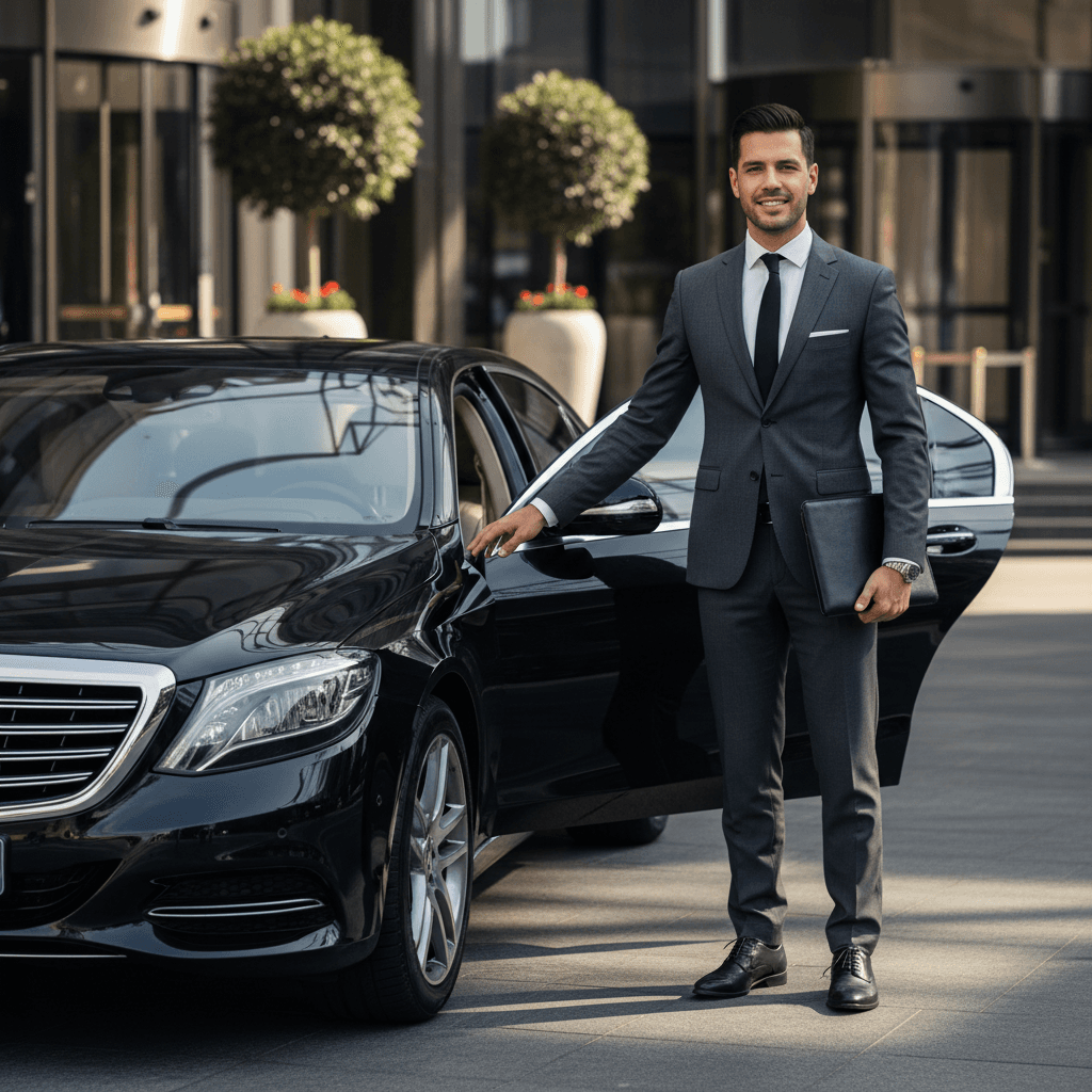 Chauffeur opening the door of a black luxury sedan for a client in Toronto at dusk