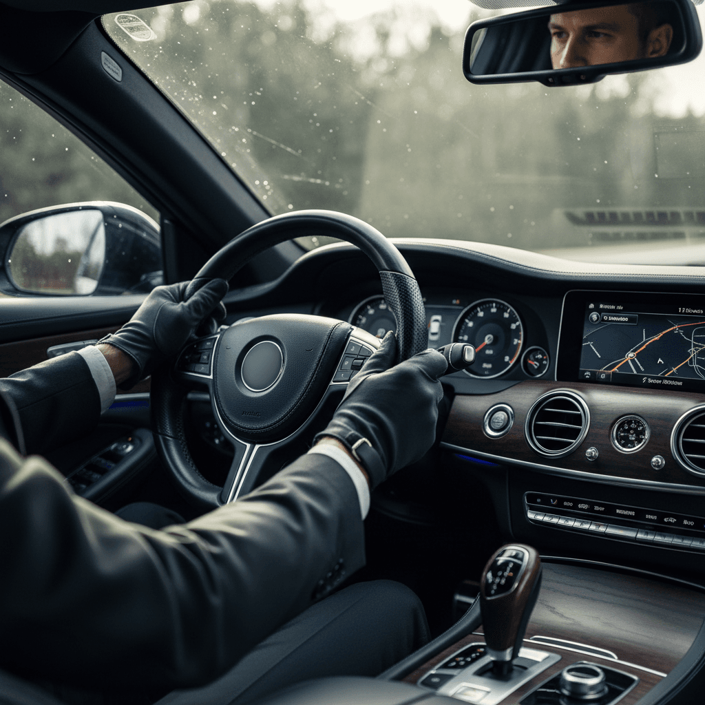 Close-up of luxury car leather interior with wood trim
