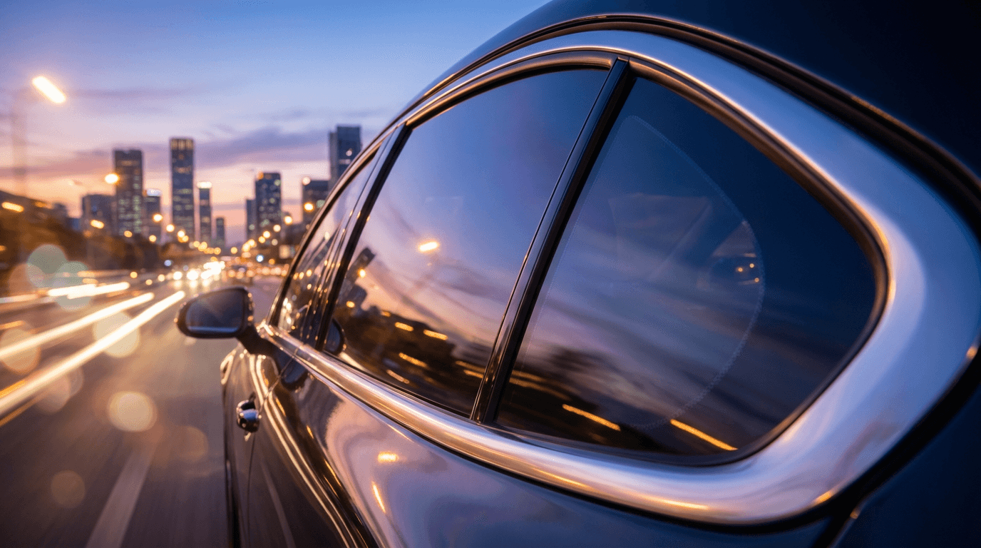 Black luxury sedan parked on a quiet Toronto street at dusk with the skyline in the background