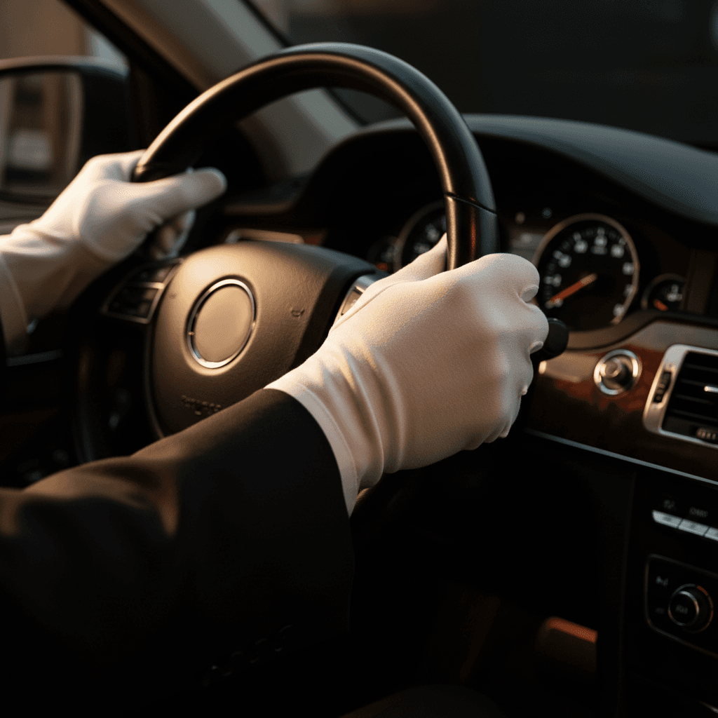 Chauffeur opening the rear door of a luxury car for a passenger