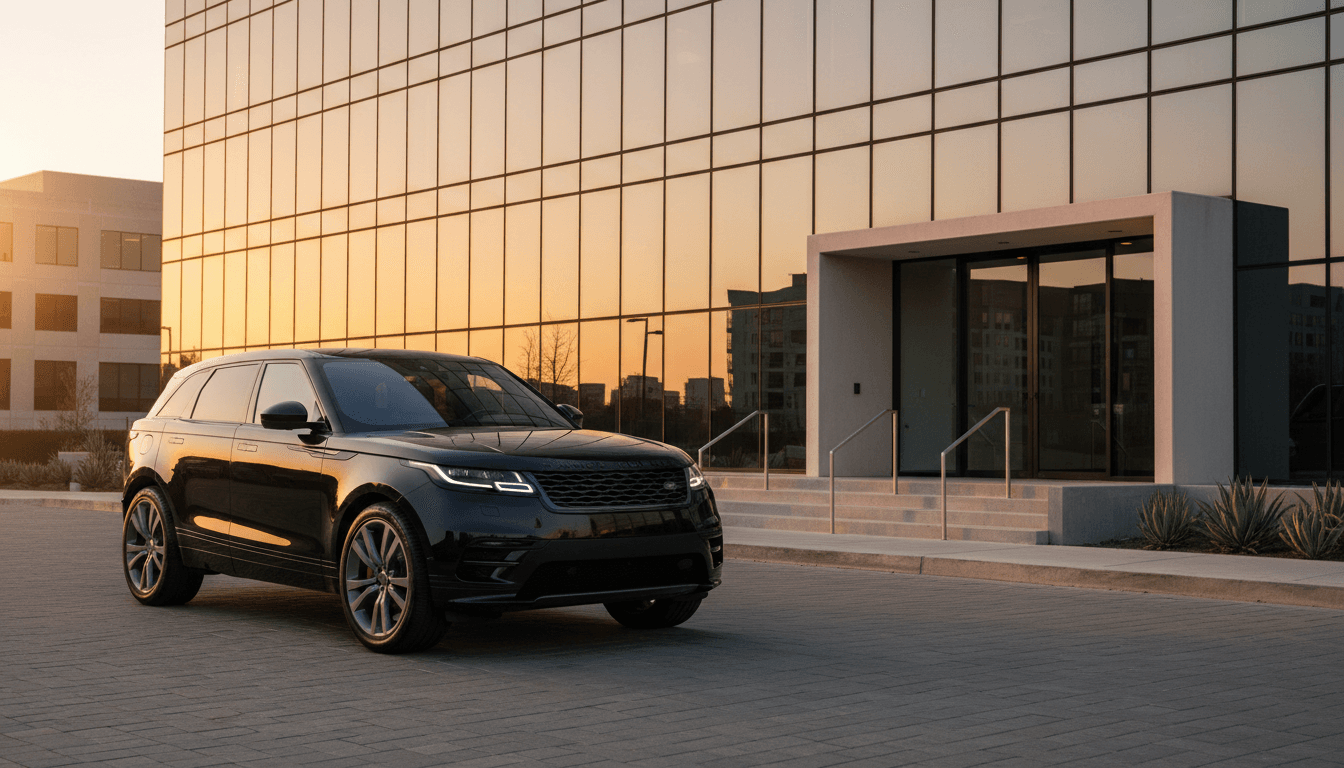 Range Rover outside an office tower
